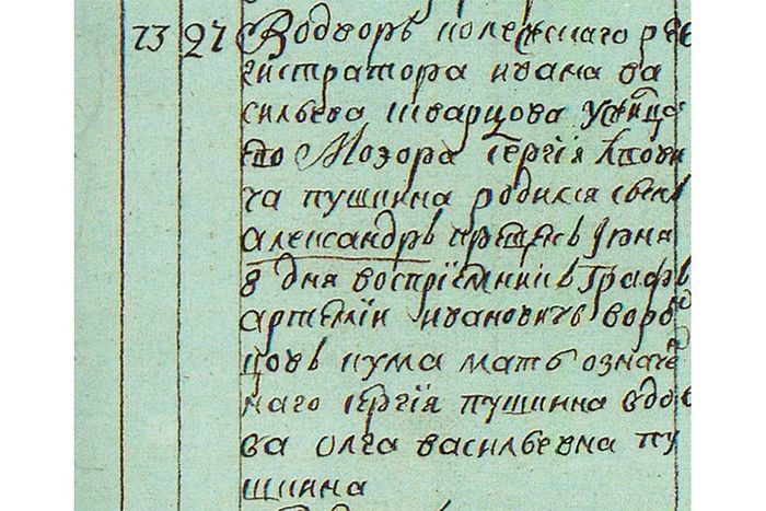 Запись в метрической книге церкви Богоявления о рождении Александра Пушкина.