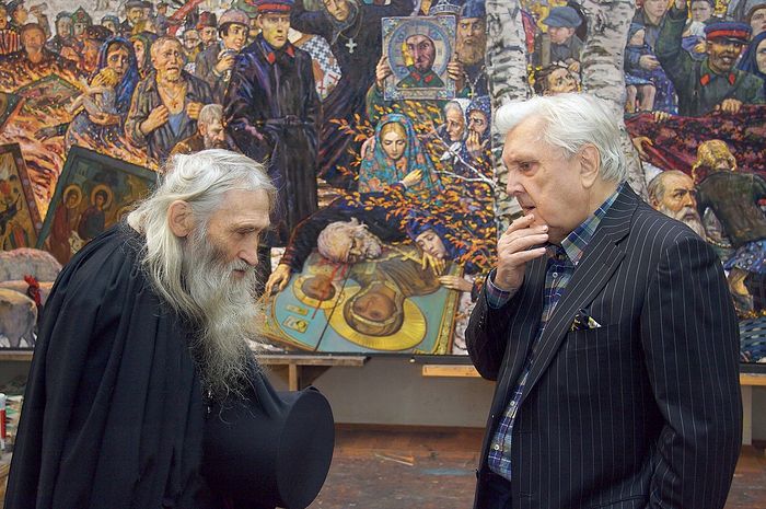 Схиархимандрит Илий (Ноздрин) и Илья Сергеевич Глазунов в мастерской художника