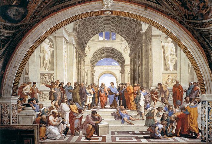 Рафаэль. Афинская школа, 1509. В центре изображены Платон и Аристотель