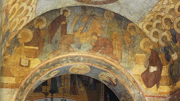 Роспись Успенского собора. А. Рублев. Престол уготованный, Богоматерь, Иоанн Предтеча, Адам, Ева, ангелы, апостолы Петр и Павел