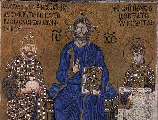 Византийский император Константин IX Мономах и императрица Зоя перед Христом. Мозаика южной галереи Собора Святой Софии. Константинополь, XI век