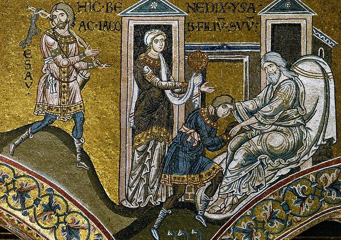 Исаак благословляет Иакова. Собор Монреале. Сицилия. Мозаика. XII век.